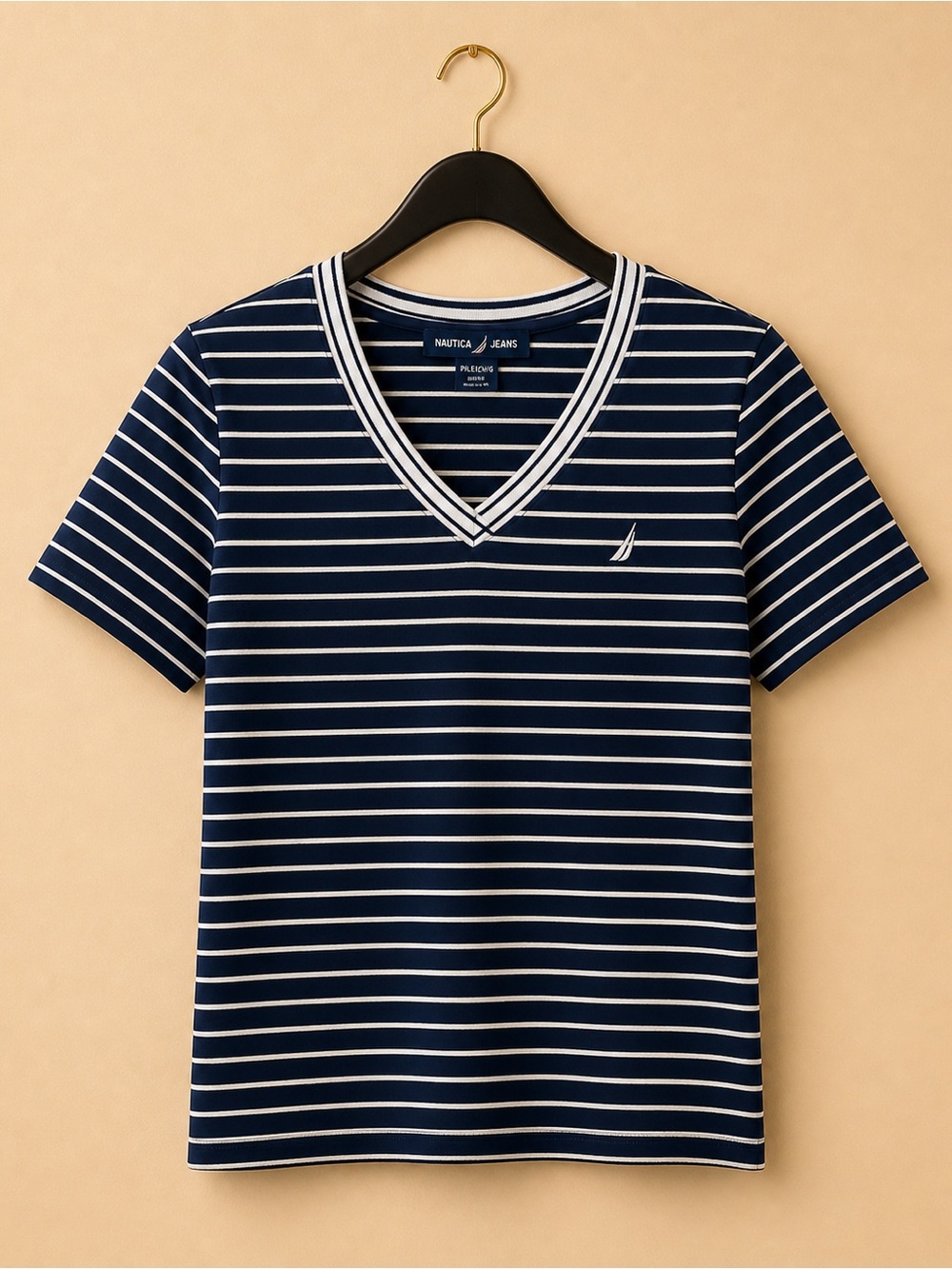 Nautica Navy and White Striped V‑Neck Tee